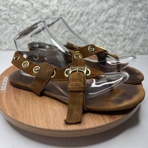 L'AUTRE CHOSE Brown Leather Suede Gold Eyelet criss cross Sandals flats 39.5 8.5